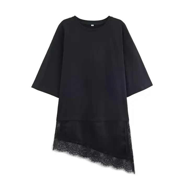 T-shirt asymétrique à col rond et manches courtes pour femme, style vintage avec patchwork en dentel