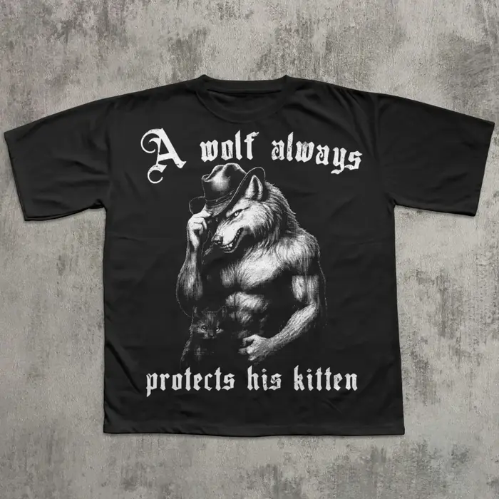 Le loup protège toujours son chaton. T-shirt drôle avec un meme. T-shirt Alpha Werewolf. T-shirt inc