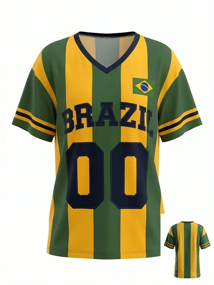 T-shirt ample à col en V imprimé rayé vert et jaune style Y2K Brésilien, streetwear sportif et éléga