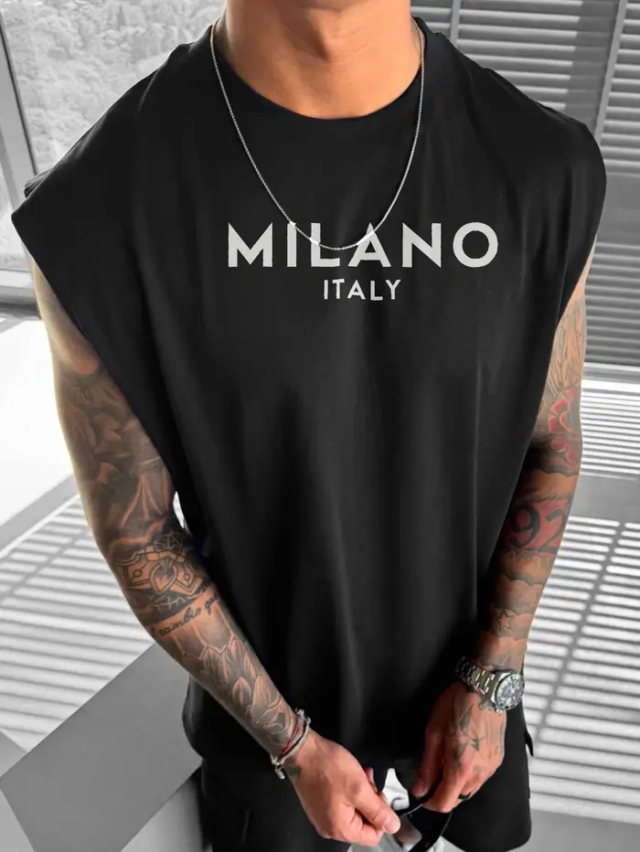 Gilet homme T-shirt manches courtes - T-shirt moderne Blanc Milano Italie Imprimé Tenue Décontracté