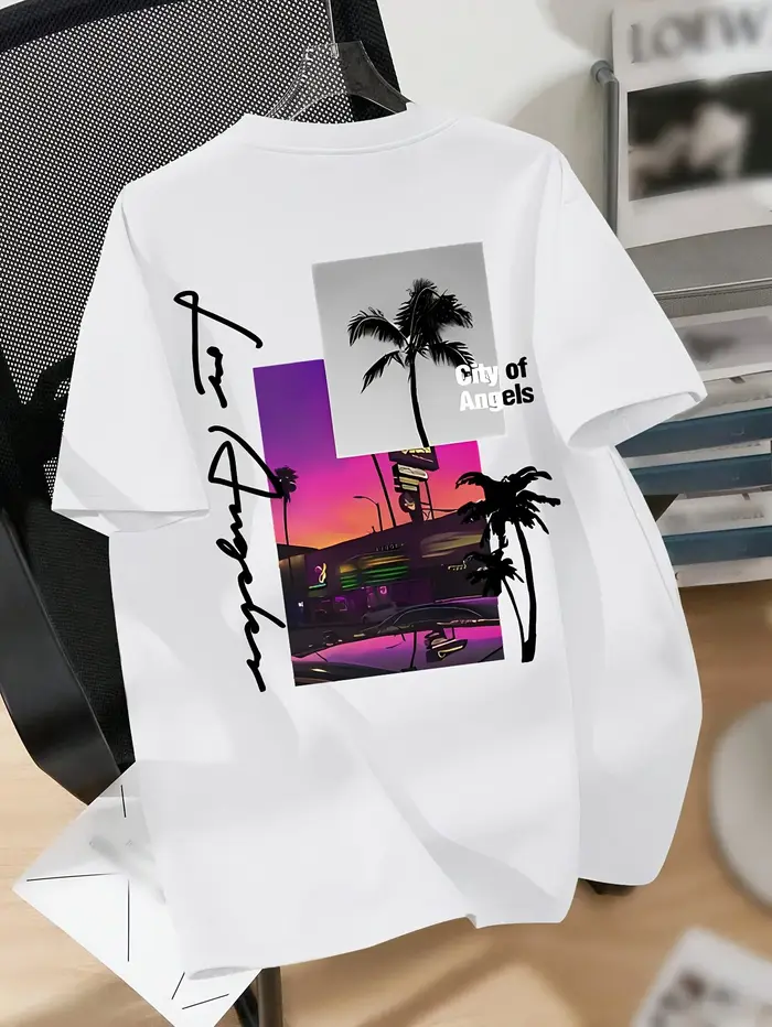 T-shirt graphique Palm Tree City of Angels de Los Angeles pour hommes, respirant, 100% coton, parfai