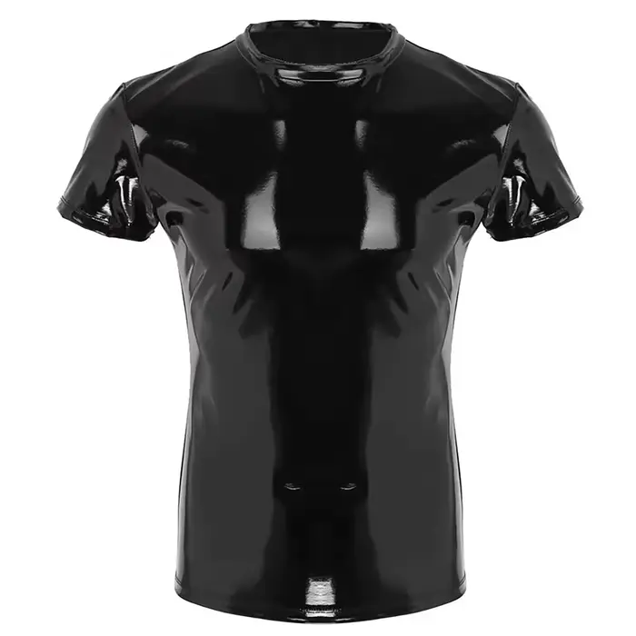 Rouge hommes Wetlook hauts Punk mode brillant PVC vêtements Faux cuir homme T-Shirt soirée Clubwear 