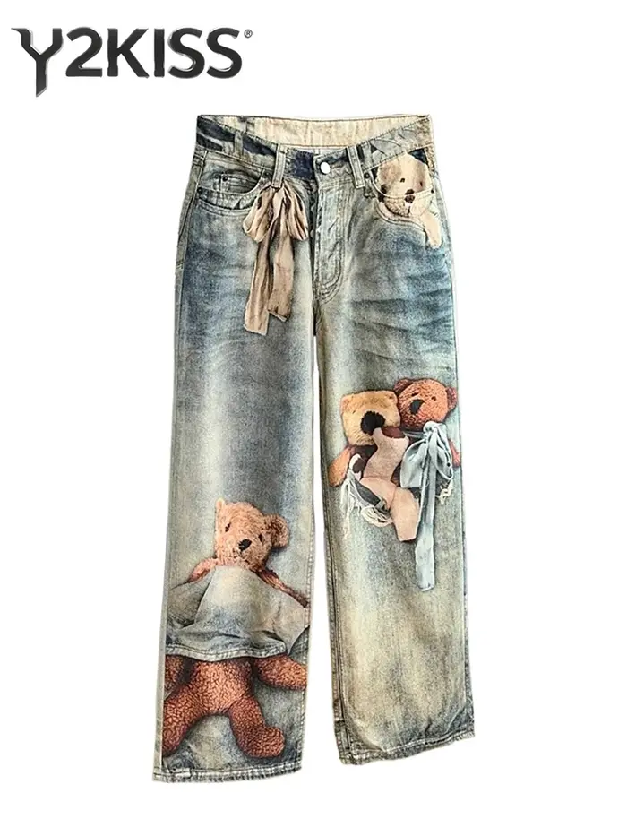 Jean Baggy imprimé pour femmes, pantalon en Denim graphique, Harajuku Cowboy Tie Dye High Street des