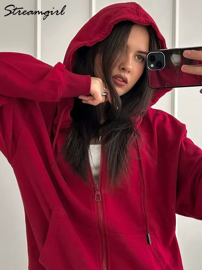 Sweat à capuche surdimensionné à fermeture éclair pour femme