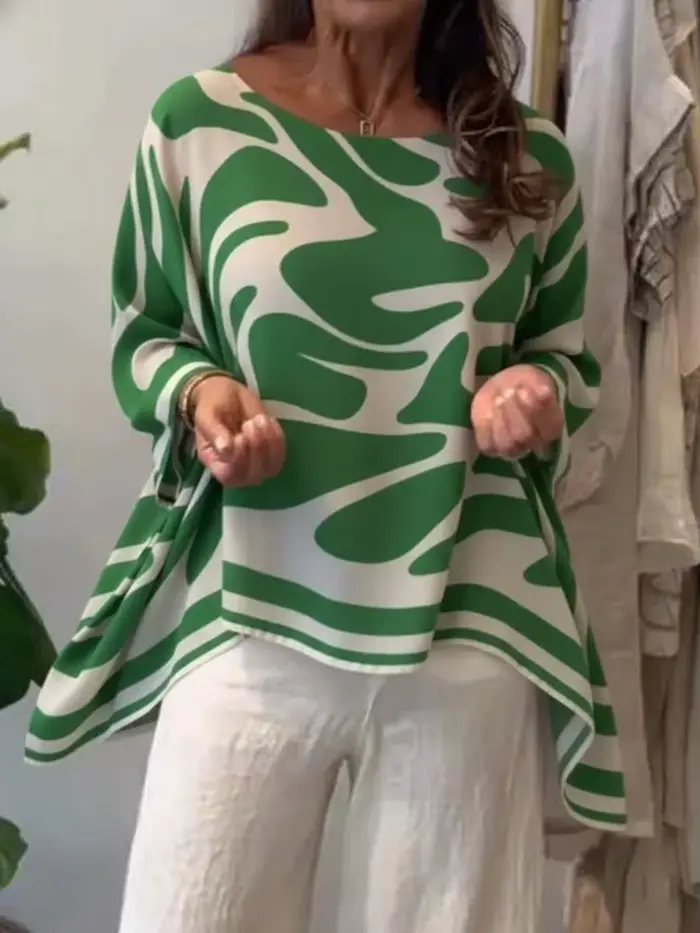 Chemisier en Chiffon Imprimé à Manches Chauve-Souris pour Femme 2026 – Tendance Col Rond Irrégulier 
