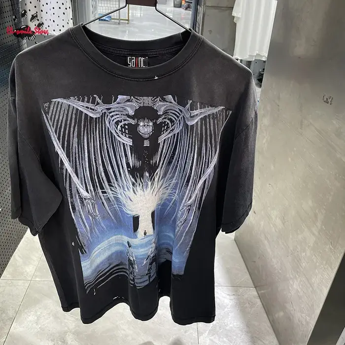 T-shirt Rétro Streetwear Saint Homme Femme Noir Délavé Effet Vieilli Imprimé Graphique Manches Courtes Coton Col Rond Printemps Été
