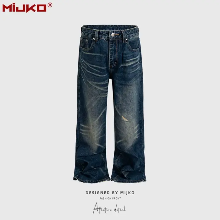 MIJKO Jeans Américains Rétro Effet Moustaches de Chat Unisexe Délavé et Vieilli Coupe Large Bleu Pan