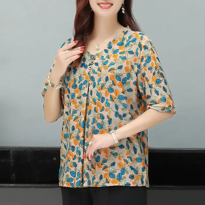 Chemisier boutonné à col rond pour femmes, vêtements vintage, imprimé floral, demi-manches, plis élé