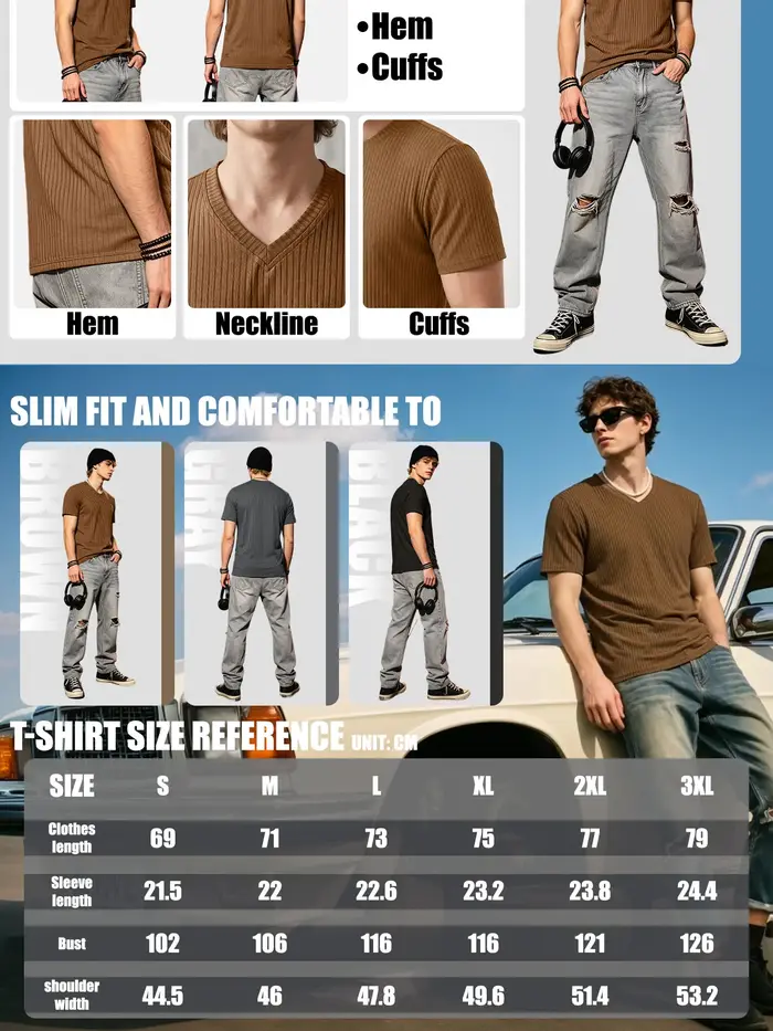T-shirt côtelé vertical à col en V pour homme