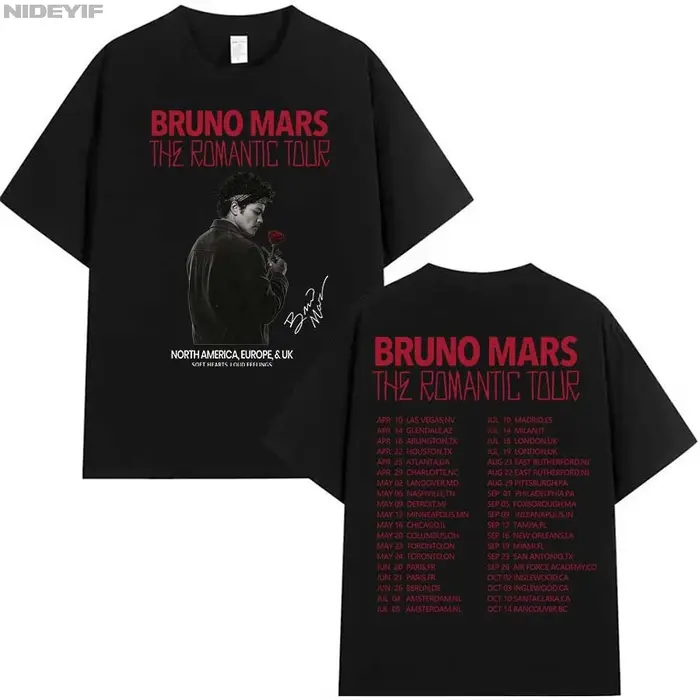 Bruno Mars The Romantic Tour T-shirt pour hommes et femmes, streetwear hip-hop, hauts surdimensionné