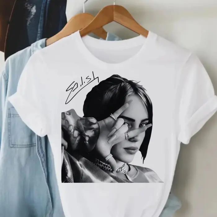 T-shirt avec portrait de la chanteuse Billie Eilish, 100% coton, t-shirt à manches courtes pour homm
