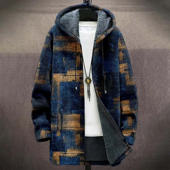 Manteau à capuche à carreaux pour hommes doublé polaire bleu gris veste d'hiver chaude géométrique urbain Streetwear mode saisonnier tendance vêtements d'extérieur
