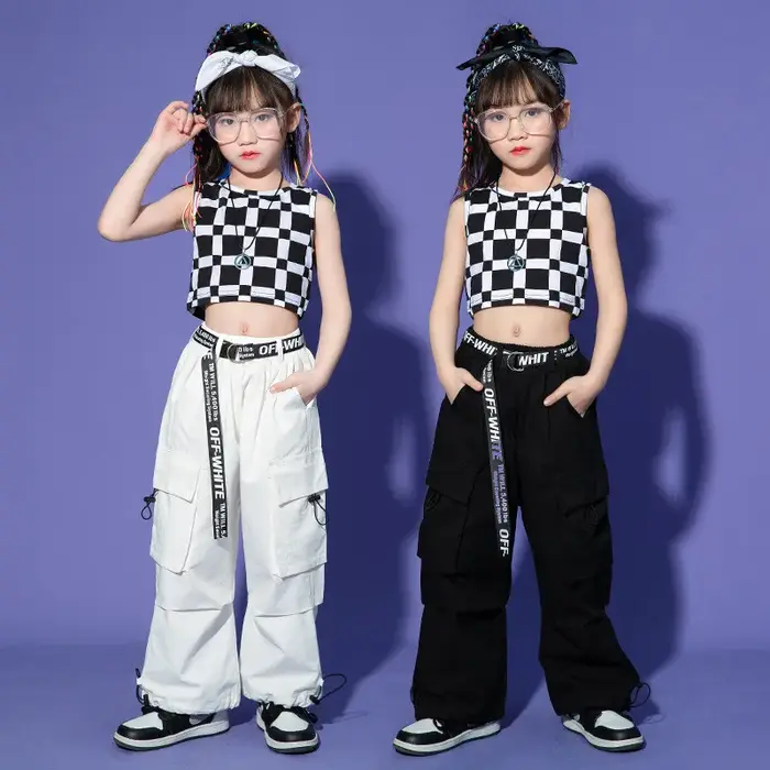 Enfant Kpop Hip Hop vêtements à carreaux débardeur haut court noir décontracté larges poches à rabat pantalon Cargo