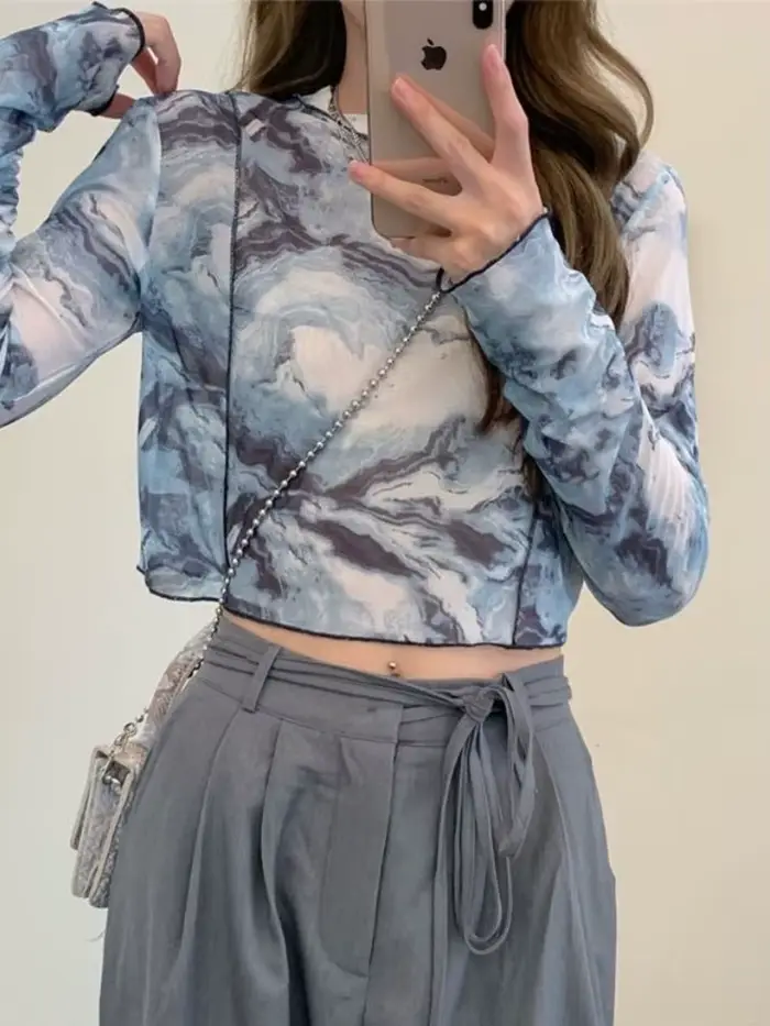 T-shirt à manches longues imprimé tie-dye pour femmes
