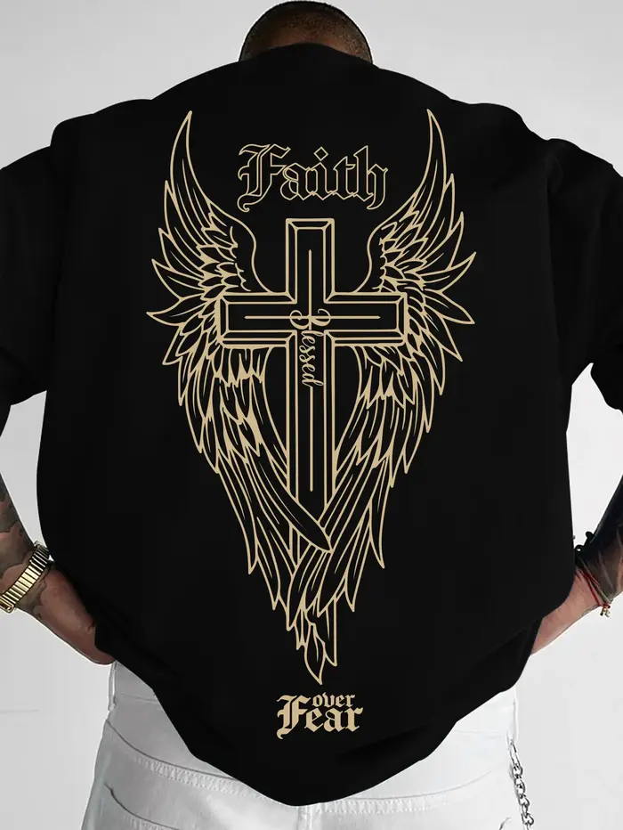T-shirt pour homme en coton 100% avec imprimé tendance ailes de style croix d'ange américain, idéal 