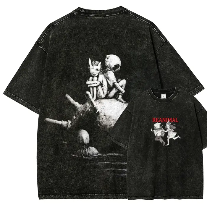 T-shirt délavé REANIMAL pour les amateurs d'anime, vêtements de caractère pour toute l'année, grande
