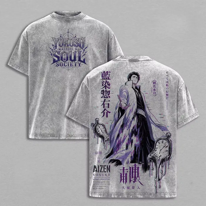 T-shirt Aizen Sousuke BLEACH Anime Vintage Lavé Y2K Oversize Homme Femme Vêtements Été Manches Courtes Coton Hauts