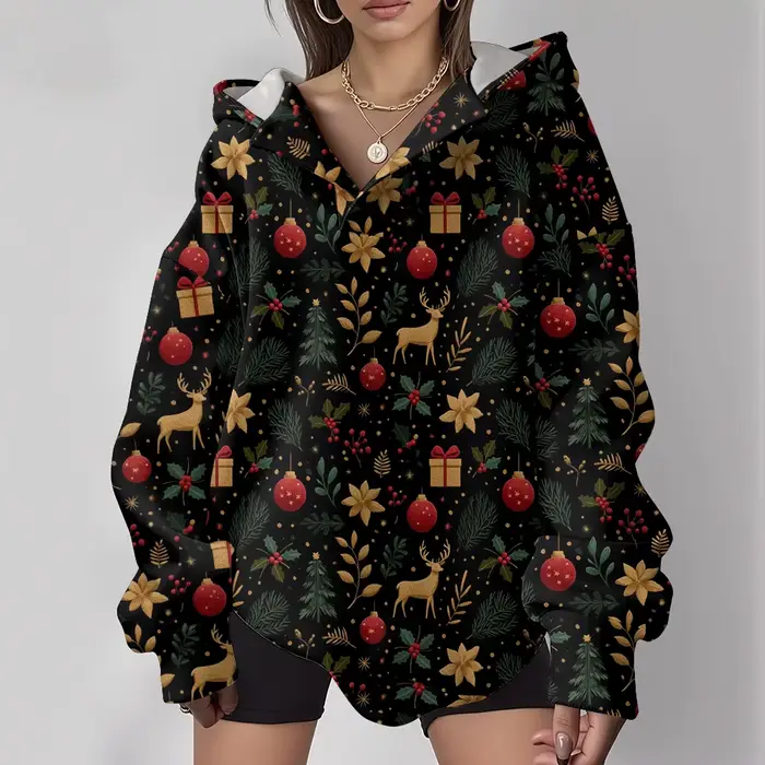 Sweat à capuche surdimensionné décontracté pour femme, pull à motif de flocon de neige avec col raba