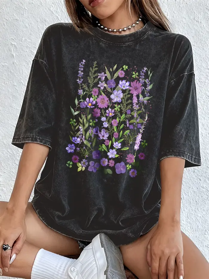 T-shirts pour femmes en coton à manches courtes, imprimés de fleurs aquarellées violettes, style str