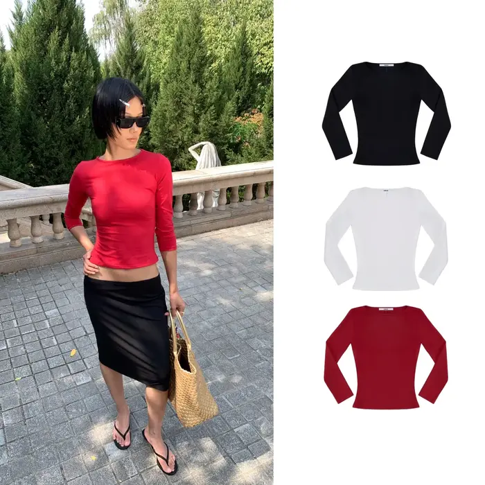 Débardeur rouge cerise T-shirt à manches longues serré multicolore couche de base haute élasticité haut cleanfit