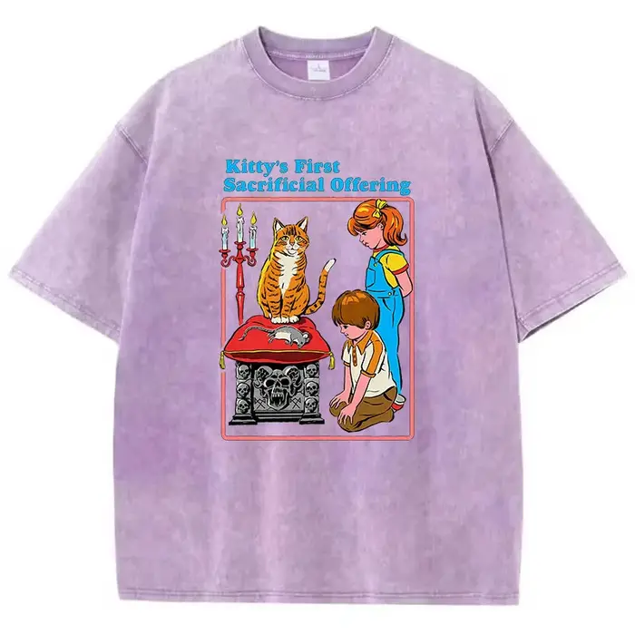 T-shirt Gothique Vintage Délavé 100% Coton avec Motif Chat de Bande Dessinée – Décontracté Streetwear Printemps-Été