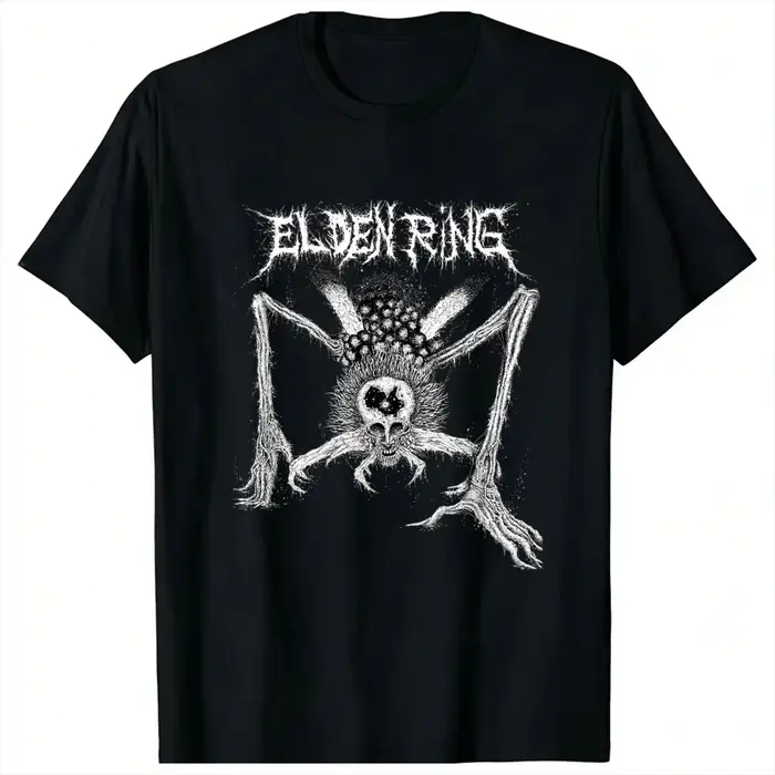 T-shirt homme noir en coton, style Hip Hop, vintage et décontracté, avec motif Metal Elden Game Ring