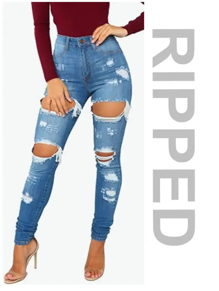 Jeans déchirés pour femmes, bleu classique, denim déchiré, trous, pantalon en jean skinny confortabl