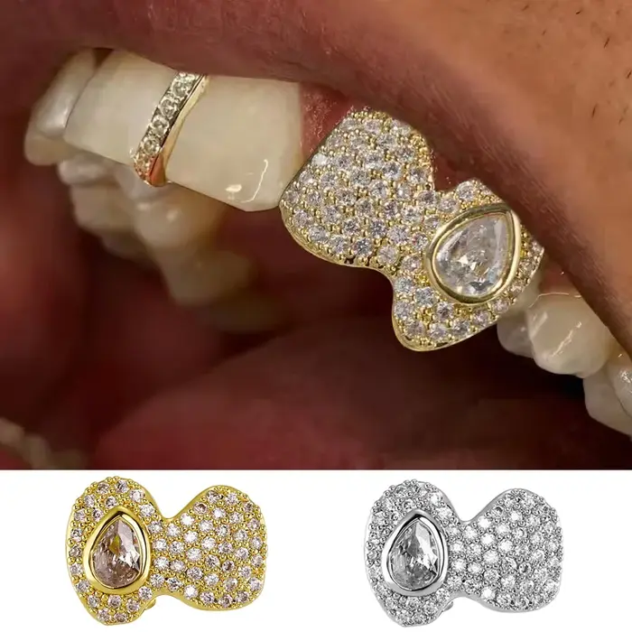 TOPGRILLZ Double Full Iced Out CZ Stones Teeth Grillz Hip Hop Shiny Zircon Tooth Caps For Women Men Jewelry Fangs Dental Grills