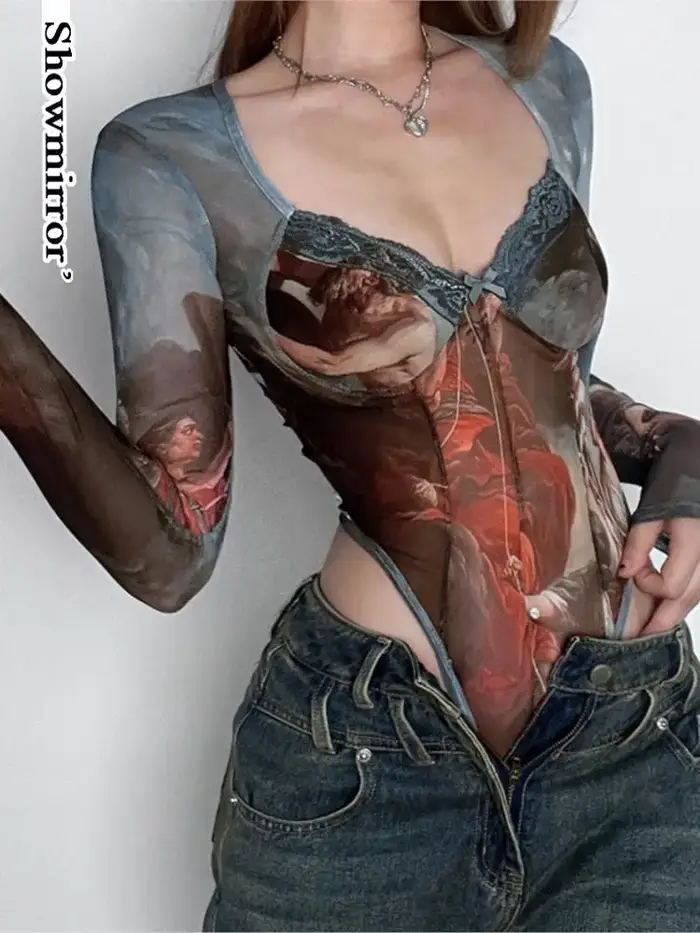Body imprimé gothique sexy pour femmes, vêtements d'été y2k, hauts pour femmes, fairycore, body de f