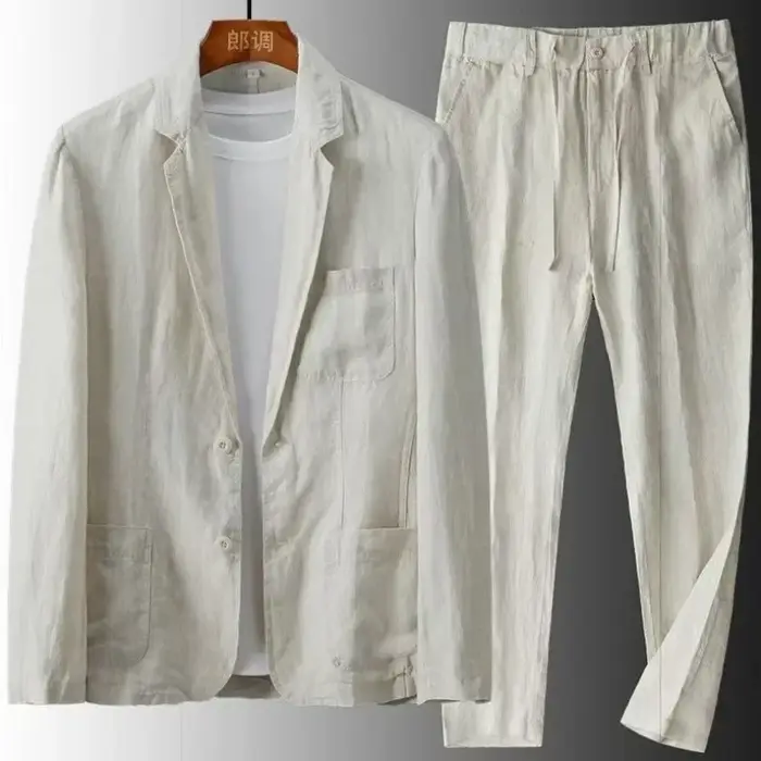 Ensemble décontracté homme printemps-été en coton et lin, deux pièces : veste blazer + pantalon, ten