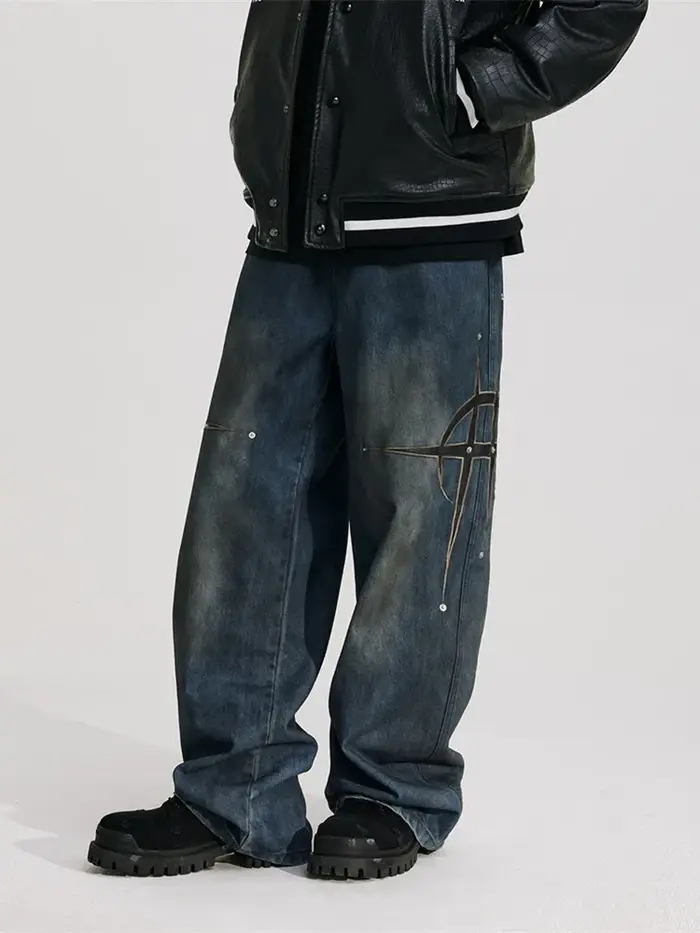 2025 Trashy Y2K Streetwear Pu cuir broderie Baggy empilé jean pantalon hommes vêtements lavé bleu dr