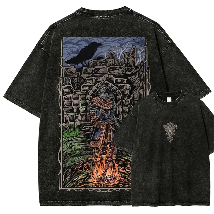 T-shirt délavé Dark Souls pour les amateurs d'anime, vêtements toute l'année, nouveau modèle, vêteme