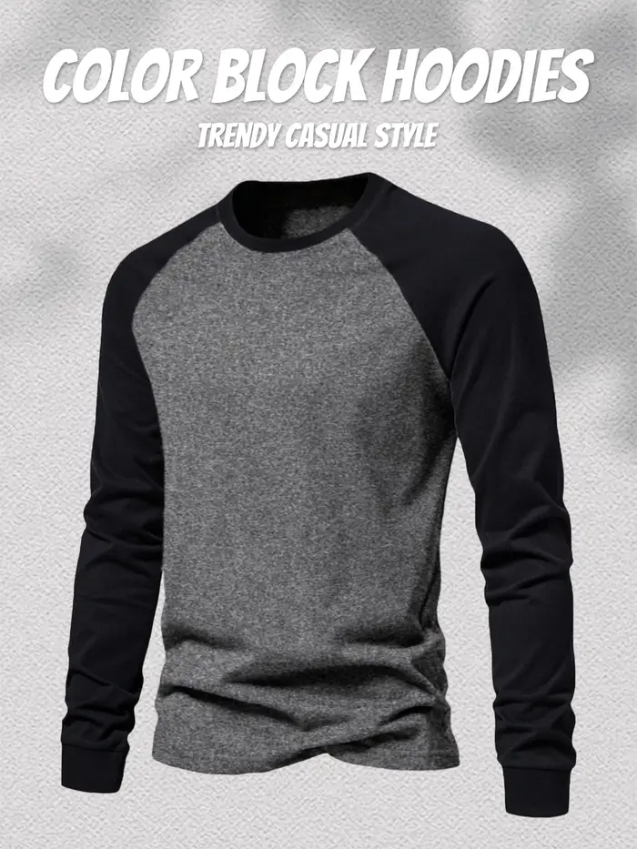 T-shirt à manches longues raglan pour homme, col rond décontracté, style baseball, avec blocs de cou