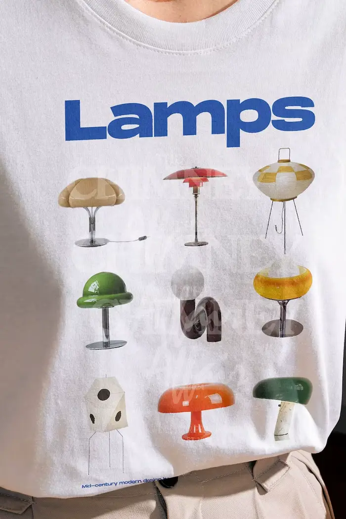 T-shirt imprimé avec lampes modernes du milieu du siècle des années 90