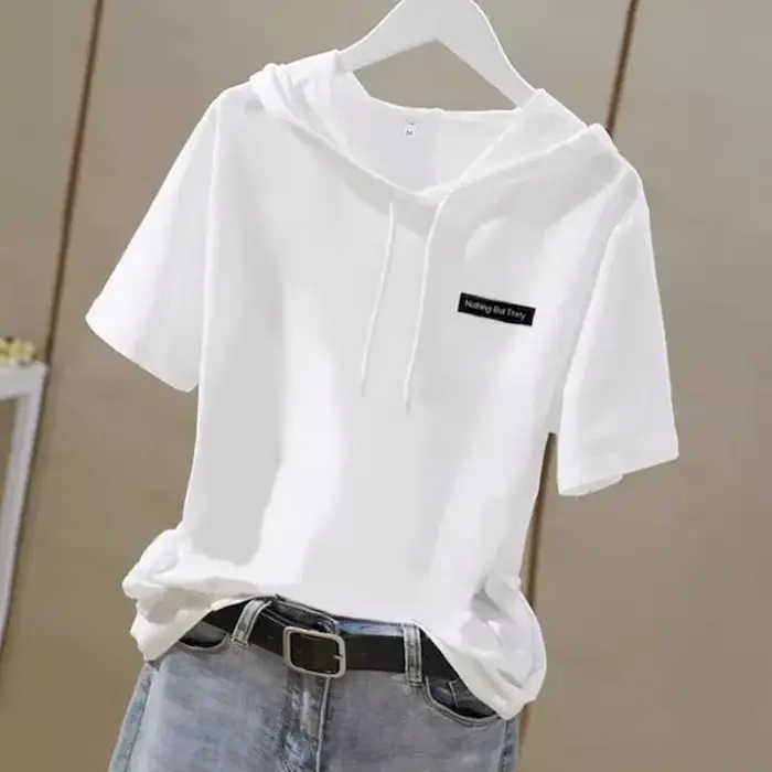 T-shirt blanc à capuche pour femmes, ample, en coton flammé, manches courtes, tendance d'été 2025, T