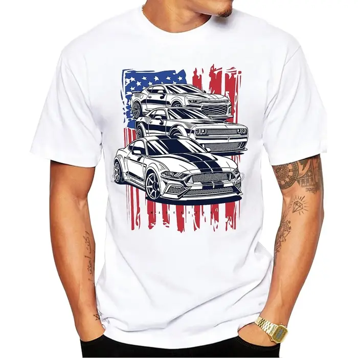 T-Shirt à manches courtes pour hommes, estival et décontracté, avec imprimé de voiture américaine, M