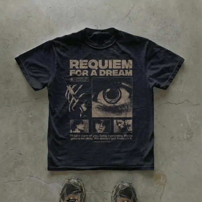 T-shirt graphique vintage 'Requiem for A Dream' avec affiche noire, esthétique culte, cinéma psychol