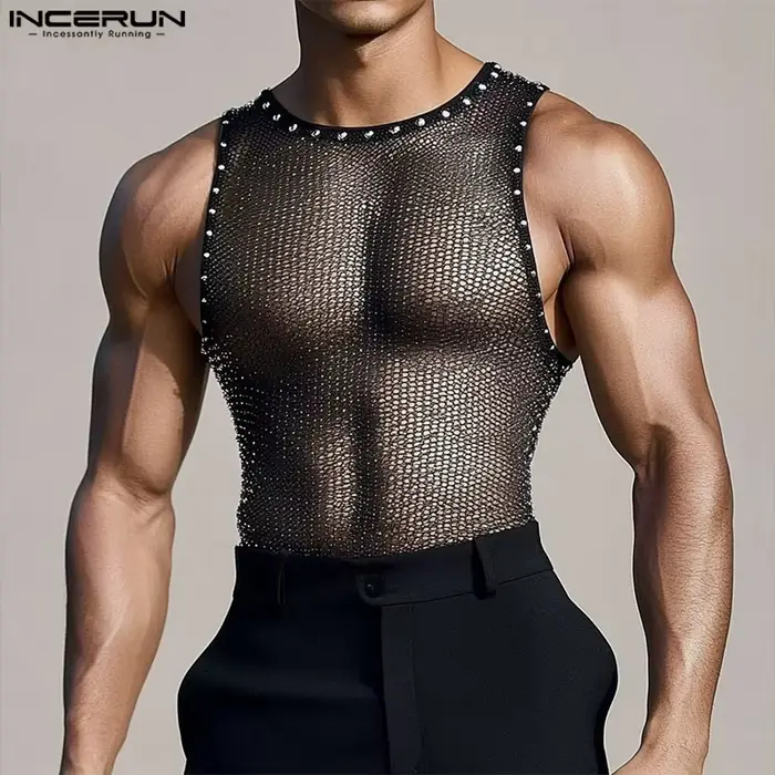 2025 INCERUN hauts Sexy été sans manches maille transparent débardeurs Streetwear surdimensionné t-shirt vêtements pour hommes