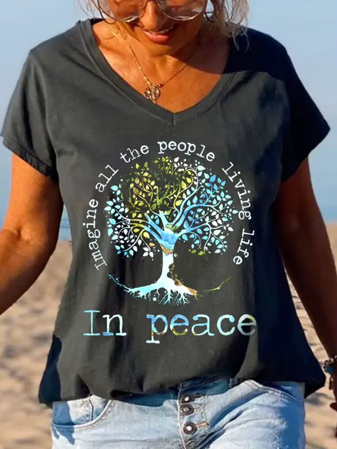 T-shirts à manches courtes pour femmes, décontractés, col en V, style hippie, hauts d'été, t-shirts 