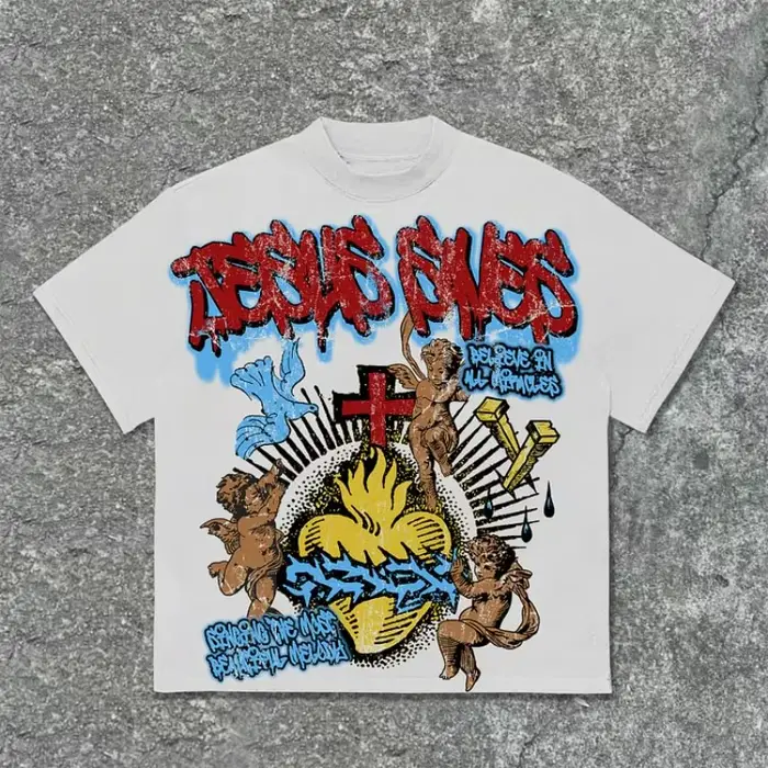 Vintage jésus sauve ange imprimé graphique coton T-Shirt hommes Y2K été manches courtes décontracté surdimensionné
