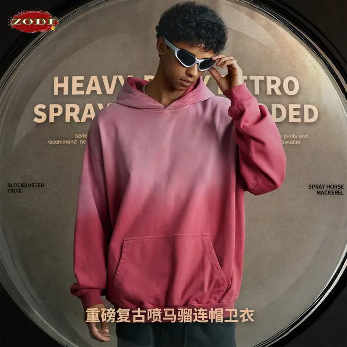 ZODF Vintage 480gsm singe lavé dégradé sweat à capuche en coton pour homme unisexe rétro haute rue en détresse pulls