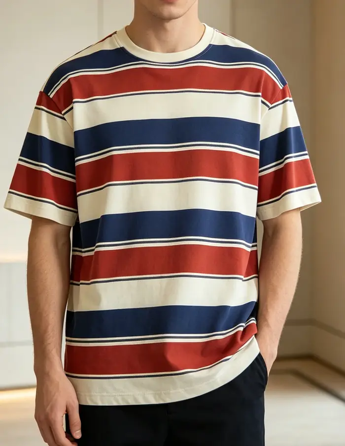 T-shirt rayé rouge, jaune et bleu pour homme, T-shirt décontracté à manches courtes et col rond, hau