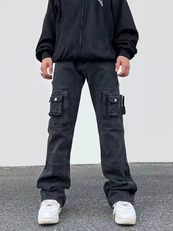 2025 Cyber Y2K Streetwear lavé noir mince Cargo jean Pantalon hommes vêtements Multi poches Hip Hop 