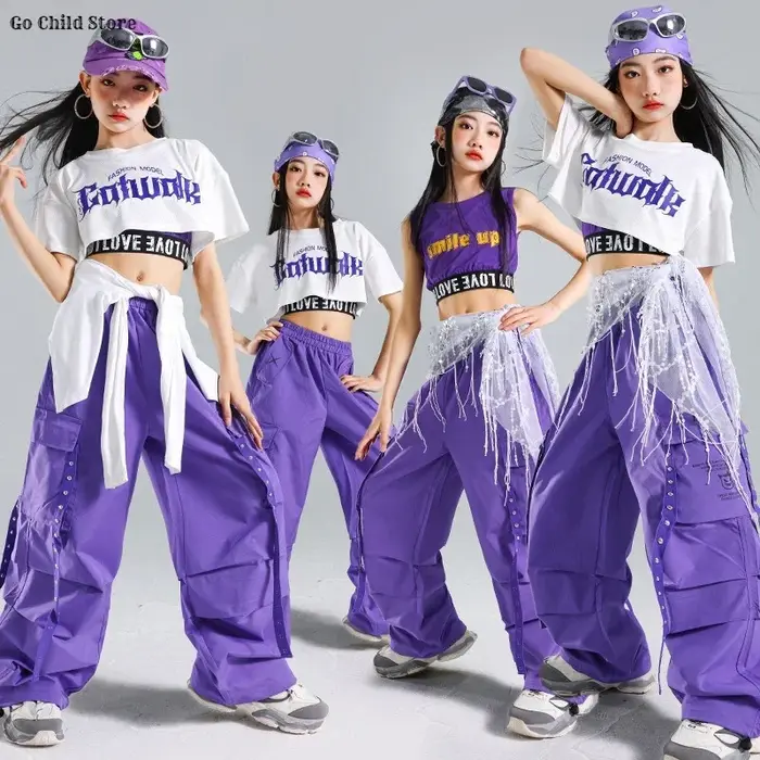 Hip Hop filles doux haut court violet Cargo pantalon enfants K-pop fille groupe rue danse vêtements ensembles