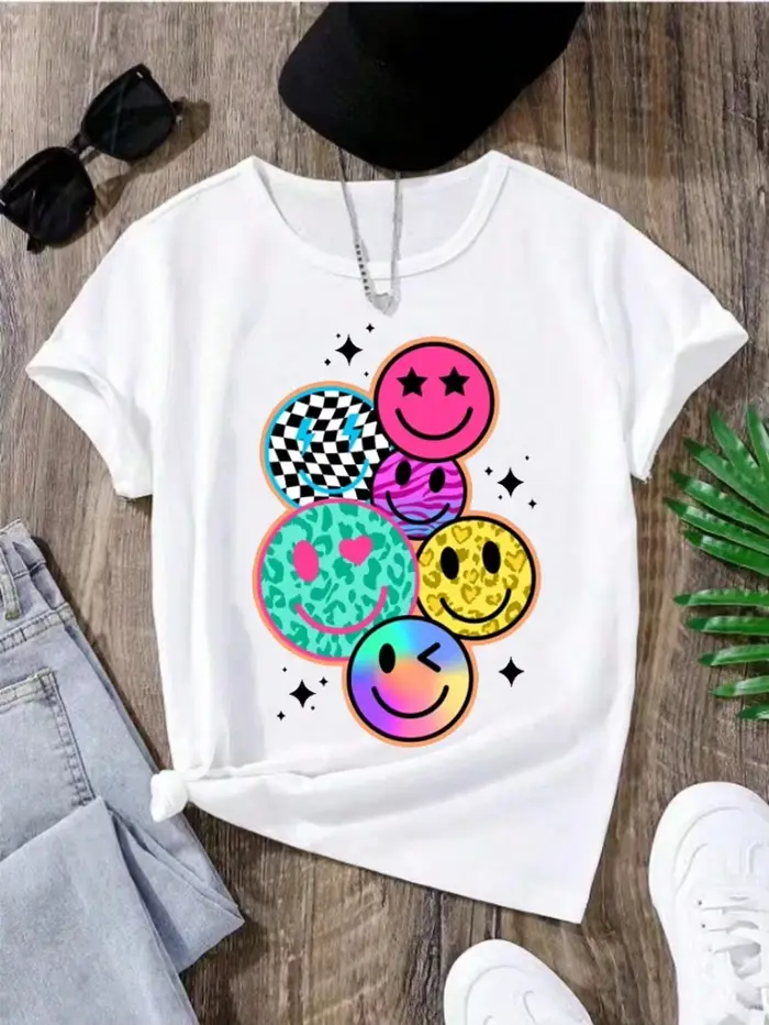 T-shirt à manches courtes pour femmes, imprimé visage souriant de dessin animé, Style polyvalent déc