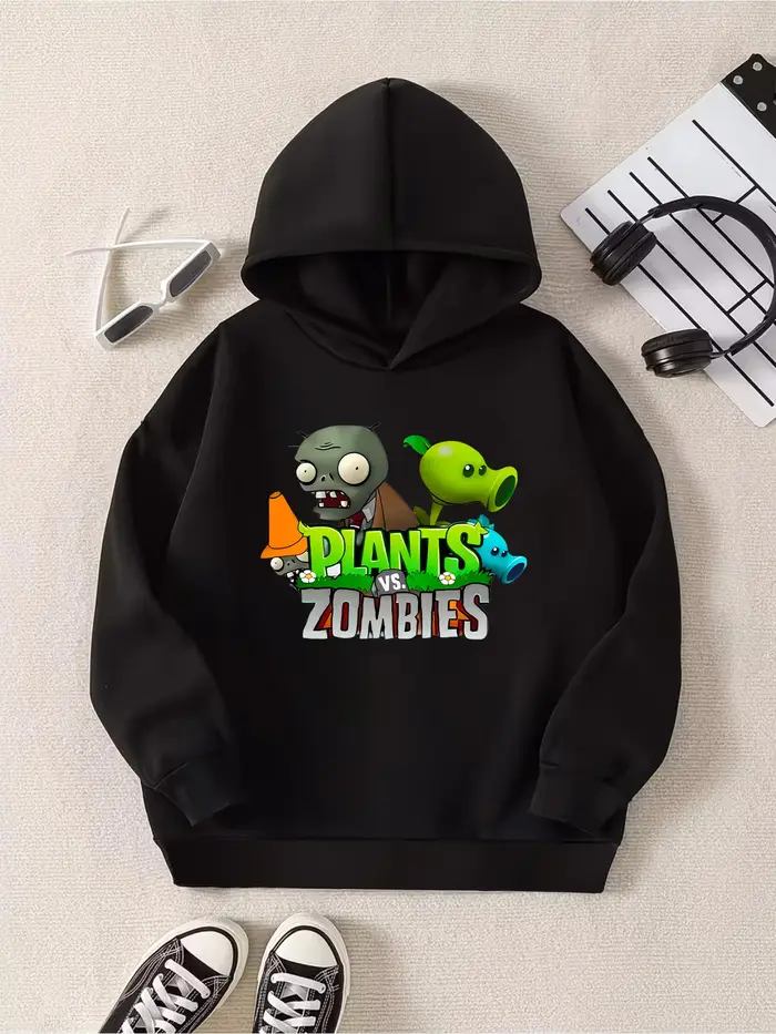 Sweat-shirt à capuche noir pour garçon, printemps-automne ! Imprimé Plants Vs. Zombies, une tenue te