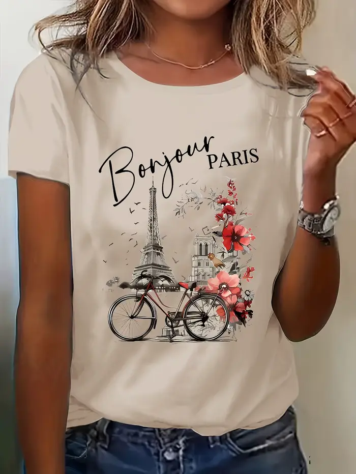 T-shirt pour femme Bonjour Paris - Motif Tour Eiffel et vélo, imprimé floral chic à la française pou