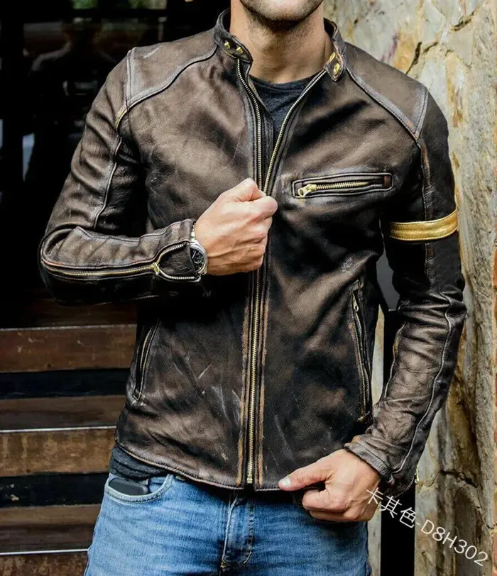 Vêtements en cuir décontractés pour hommes européens et américains, vestes de motard à col montant p