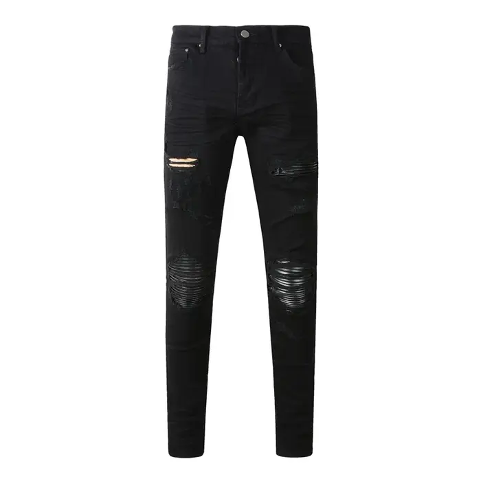 Y2Kfashion nouveau jean de haute qualité avec patchs rouges plissés, coupe slim élastique, jean bleu