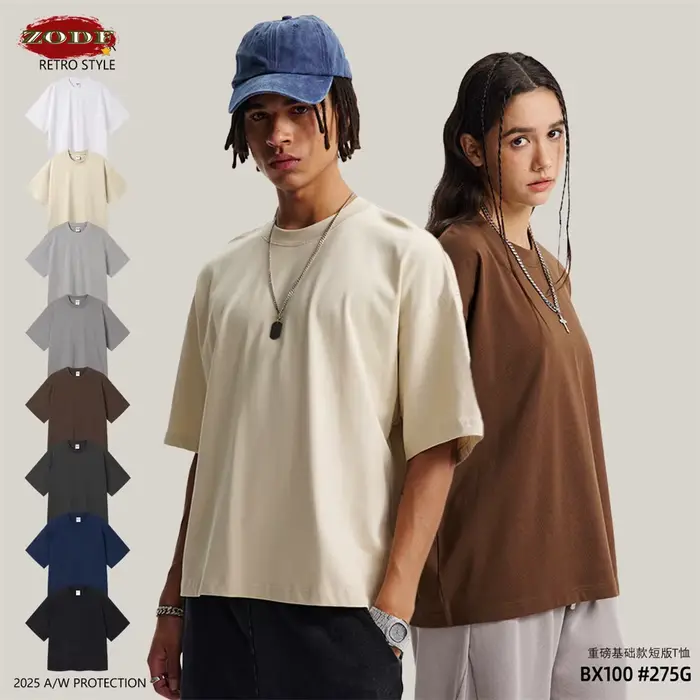 ZODF nouveaux hommes été Boxy 275gsm coton T-Shirts rétro unisexe surdimensionné Version courte basique t-shirt marque